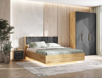 Кровать парящая с ПМ Ирис графит/дуб крафт (Миф) в Камышлове - kamyshlov.mebel-e96.ru