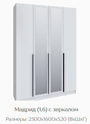 Шкаф Мадрид 1600 мм с зеркалом белый (Текс) в Камышлове - kamyshlov.mebel-e96.ru