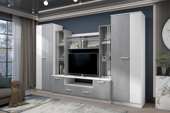 Стенка Николь-2 белый/бетонный камень(Зарон) в Камышлове - kamyshlov.mebel-e96.ru